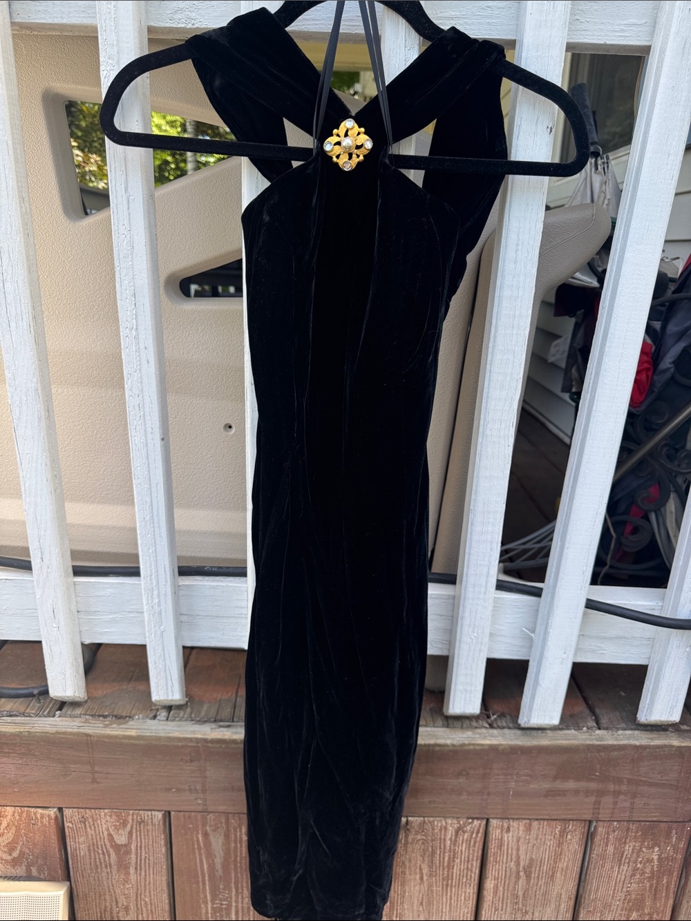 Night Way Collections Black Velvet Midi Dress with Gold Brooch